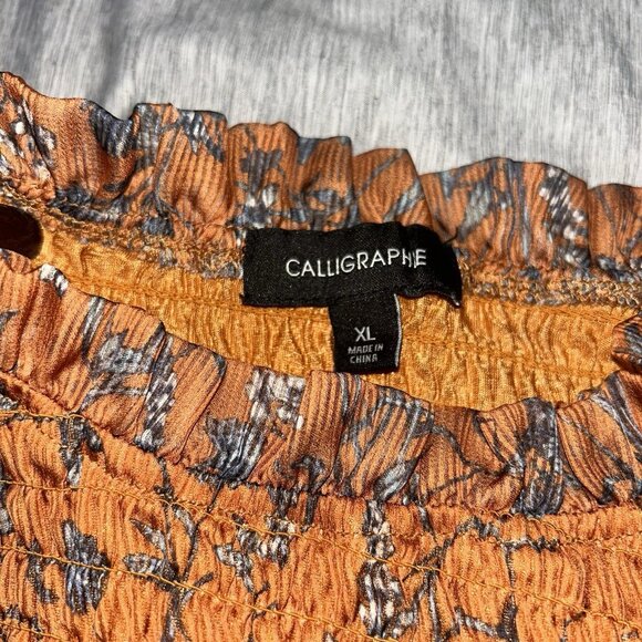 Calligraphie Orange Floral Boho Peasant Long Sleeve Smocked Blouse Size XL - Picture 8 of 10